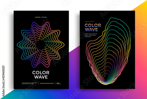 Color wave lines flyer design. Music waveform for cover, poster. Abstract gradient line shapes.