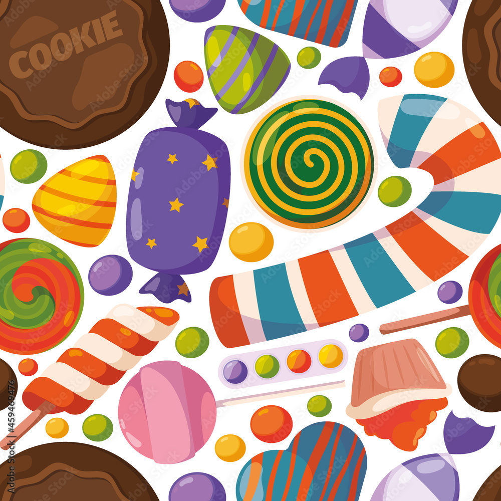Sweets pattern. Lollipop jelly and chocolate candies illustrations for textile design project garish vector seamless background