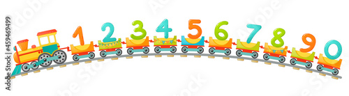 Train kids with numbers in cartoon style. Vector numbers for children math education in school, preschool and kindergarten.