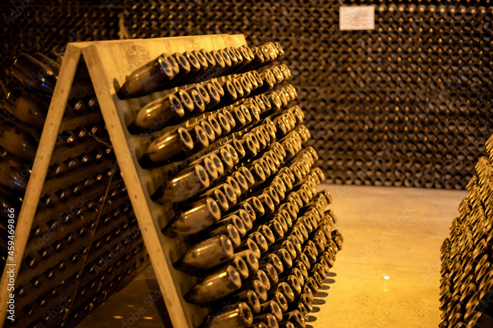 Visit of deep and long undergrounds caves for making champagne sparkling wine from chardonnay and pinor noir grapes in Reims, Champagne, France