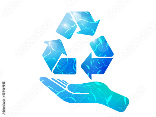 A hand lift up the recycling symbol that are fill by the water surface pattern to show the meaning of save and protect water vector illustration graphic EPS 10