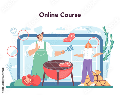 Steak online service or platform. People cooking tasty grilled meat