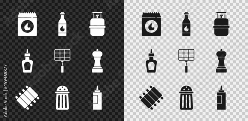 Set Barbecue coal bag, Tabasco sauce, Propane gas tank, Grilled pork bbq ribs, Salt, Sauce bottle, and steel grid icon. Vector
