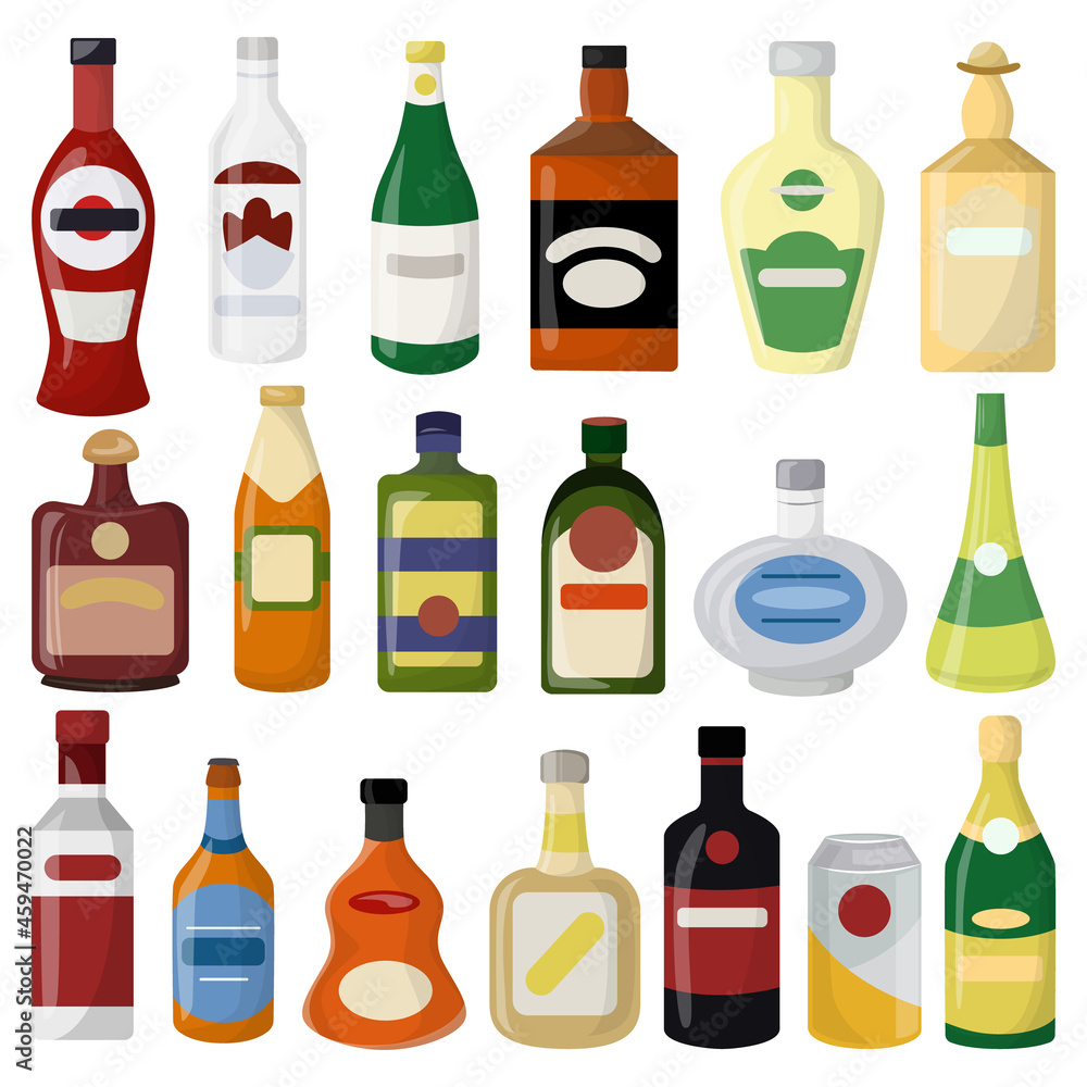 Different alcohol drinks bottle set. Beer and wine, vodka and gin Different alcohol drinks bottle set. Beer and wine, vodka and gin