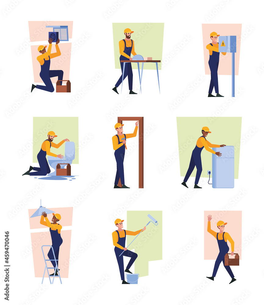 House renovation. Repairman helping people room designers plumbers builders painters craftsman garish vector illustrations set isolated