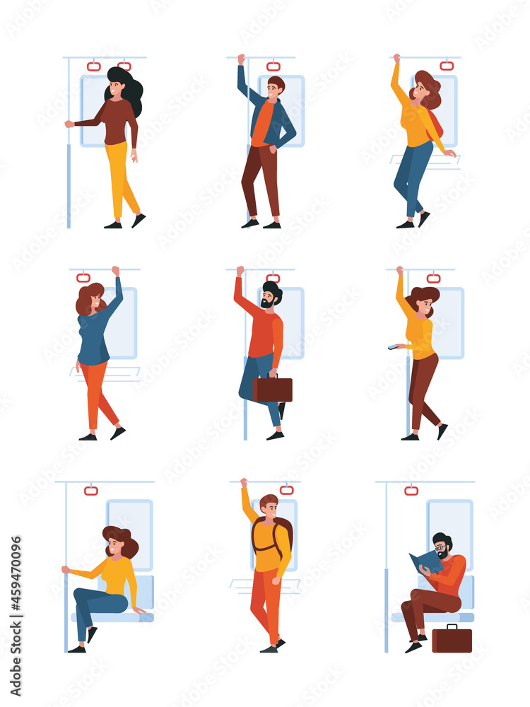 Holding handrail. People standing in train subway adventure travelling characters garish vector illustrations set
