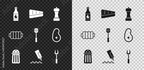 Set Tabasco sauce, Steak meat, Pepper, Salt, Sauce bottle, Barbecue fork, grill and spatula icon. Vector