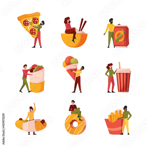 People and junk food. Characters holding big trash food pizza hotdogs hamburgers donuts drinks garish vector lifestyle persons