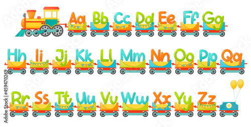 Train alphabet for kid in cartoon style. Vector ABC letters for children education in school, preschool and kindergarten.
