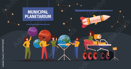 Planetarium interior. People in space museum innovation systems for education characters solar system garish vector cartoon background