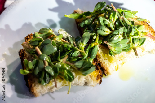 Ancient roman food antipasti fresh baked bread with olive oil and green portulaca purslane salad photo