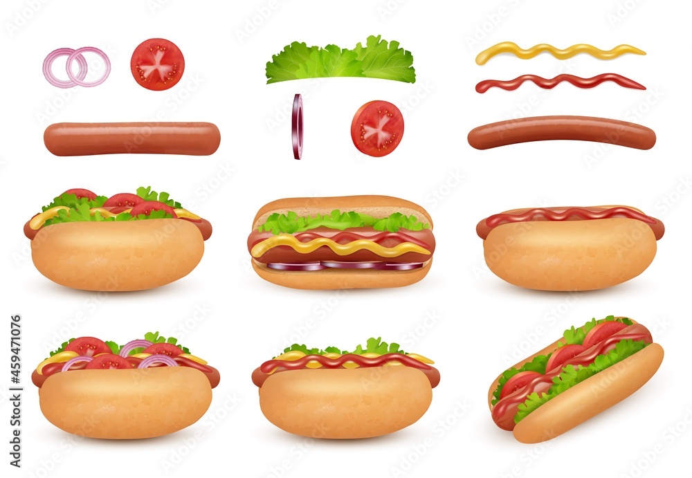 Hot dog realistic. Fast food ingredients sausage tomato onion ketchup mayonez sauce salad decent vector hot dog illustrations Hot dog realistic. Fast food ingredients sausage tomato onion ketchup mayonez sauce salad decent vector hot dog illustrations
