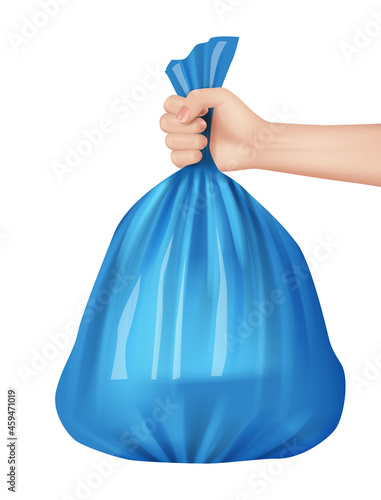 Trash bag in hand. Plastic containers for industrial recycling processes urban pollution kitchen rubber bags decent vector background