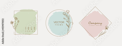 Hand drawn floral frames. Logo template in minimal style with flowers. Botanical trendy vector illustration for labels, 
branding business identity, wedding invitation. Vector illustration