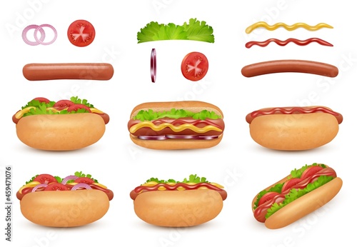 Hot dog realistic. Fast food ingredients sausage tomato onion ketchup mayonez sauce salad decent vector hot dog illustrations