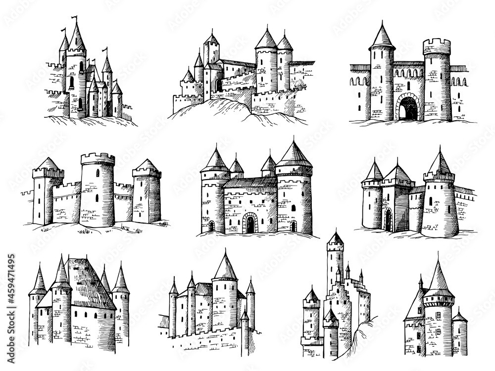 Obraz premium Drawing castles. Medieval buildings old gothic towers ancient constructions recent vector castles collection