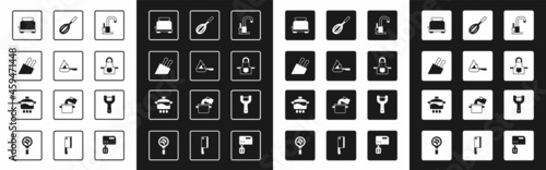 Set Water tap, Frying pan, Knife, Toaster, Kitchen apron, whisk, Vegetable peeler and Cooking pot icon. Vector