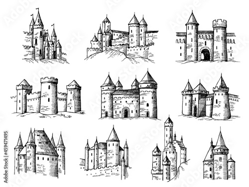Drawing castles. Medieval buildings old gothic towers ancient constructions recent vector castles collection