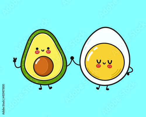 Cute happy egg and avocado. Vector hand drawn doodle style cartoon character illustration icon design. Card with cute happy egg and avocado friends concept