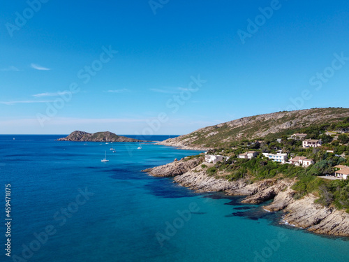 Summer holidays on French Riviera, aerial view on rocks and sandy beach Escalet near Ramatuelle and Saint-Tropez, Var, France