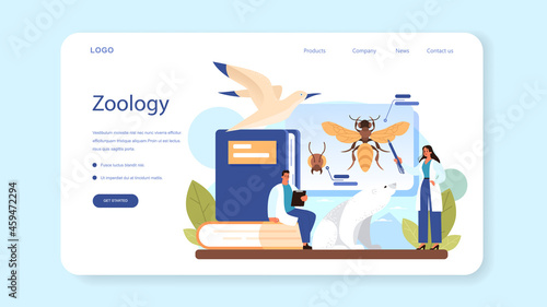 Zoologist web banner or landing page. Scientist exploring and studying fauna