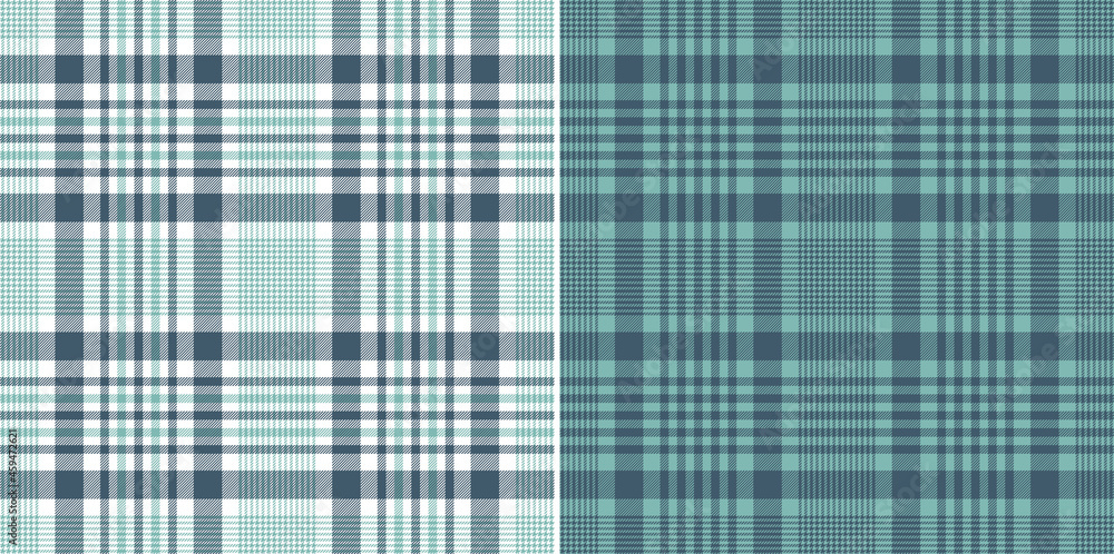 Tartan plaid pattern set in turquoise green blue. Seamless colorful glen check for double sided flannel shirt, tablecloth, picnic blanket, other modern spring summer tweed fashion fabric design.