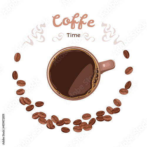 Coffee time banner. Cup of espresso or americano, steam and coffee beans top view. Vector cartoon flat illustration.