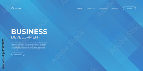Landing page blue banner template. Abstract background 3d illustration, business technology interface concept. Vector layout design.
