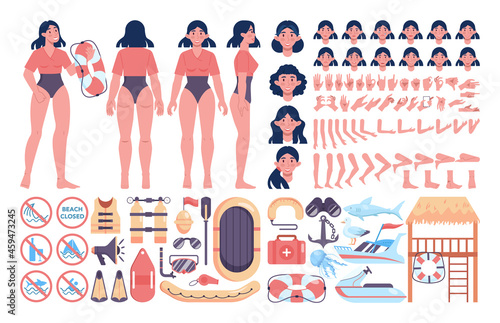 Beach rescuer constructor set. Female lifeguard assisting first aid to a person
