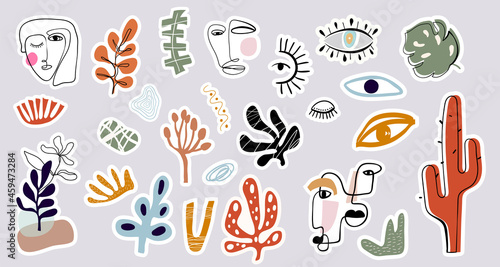 Abstract stickers collection, hand drawn doodle shapes with different elements, modern design, contemporary artwork, vector
