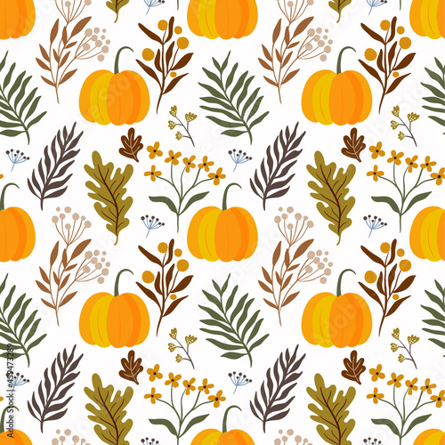 Thanksgiving Autumn decorative seamless pattern with pumpkins and botanicals