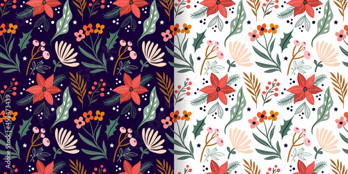 Christmas floral seamless patterns set, seasonal flowers and plants,  elegant winter design