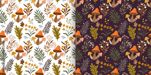 Autumn seamless patterns set with seasonal elements  mushrooms and botanicals on white background