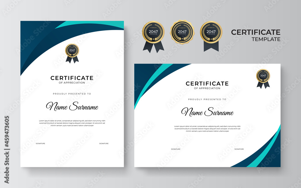 Modern elegant blue and green tosca diploma certificate template - obrazy, fototapety, plakaty 