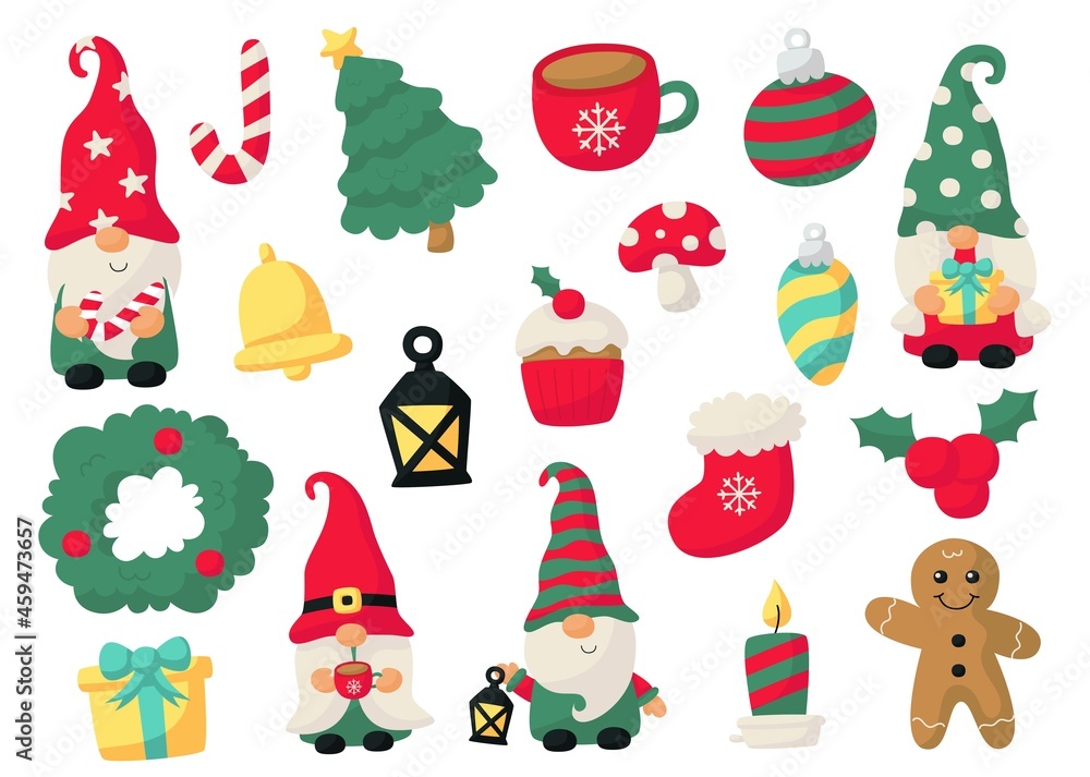 Set cute christmas gnomes isolated on white background. vector illustration.