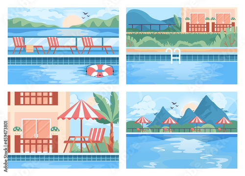 Public swimming pool set. Resort pool with clean blue water. Big modern