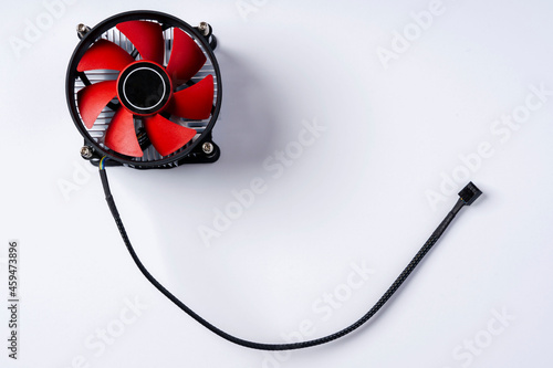 Computer cooler, top view of a computer processor cooler on a white background
