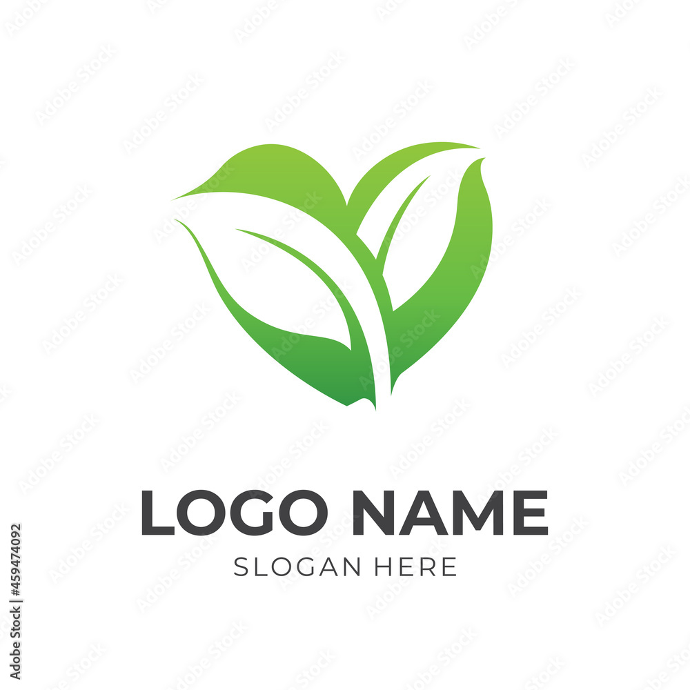 love and leaf logo design template concept vector with flat green color style love and leaf logo design template concept vector with flat green color style