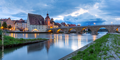 Night Stone Bridge and Old Town of Regensburg, eastern Bavaria, Germany