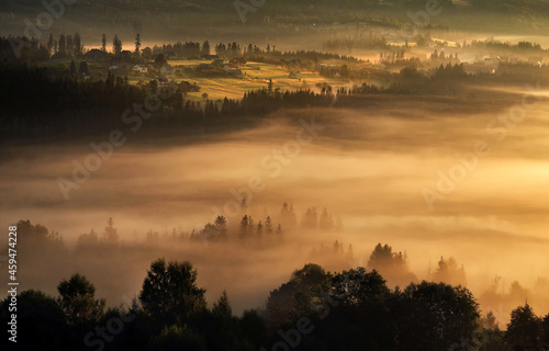 Mglisty jesienny krajobraz górski, złote mgły