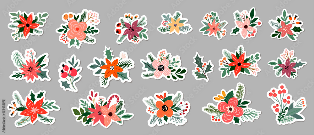 Christmas floral stickers big collection, different bouquets, seasonal flowers and plants arrangements - obrazy, fototapety, plakaty 