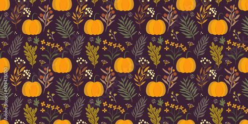  Thanksgiving Autumn decorative seamless pattern with pumpkins and botanicals