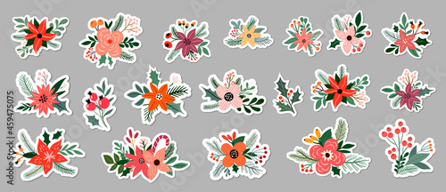 Christmas floral stickers big collection, different bouquets, seasonal flowers and plants arrangements