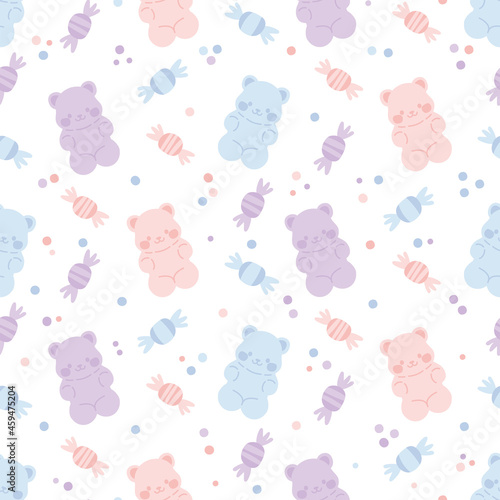 Seamless pattern with colorful gummy bears, candies and dots