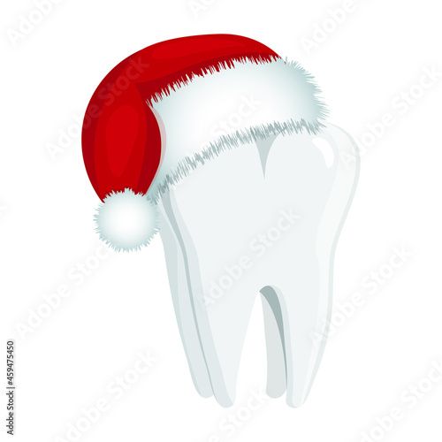 A tooth in red Christmas Santa hat on white background.