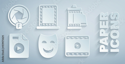 Set Comedy theatrical mask, Camera roll cartridge, AVI file document, Play Video, Makeup mirror with lights and shutter icon. Vector