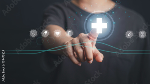 Health insurance service concept. Hand touch virtual medical network connection icons. Health care plan protection for life.