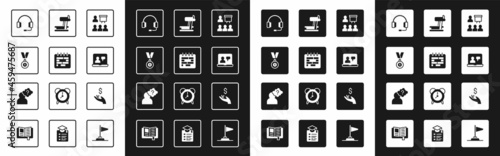 Set Training, presentation, Calendar, Medal, Headphones, Online education, Treadmill machine, Hand holding coin money and with question mark icon. Vector