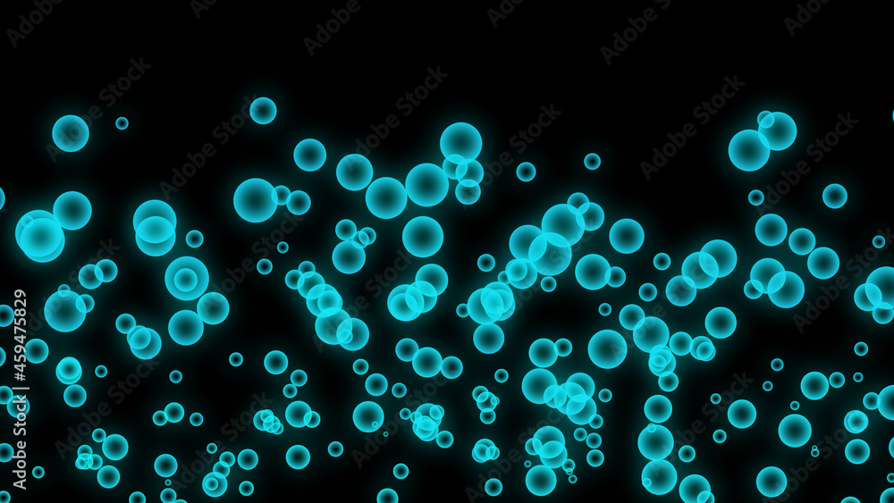 blue glowing abstract background. blue bubbles fly on black background blue glowing abstract background. blue bubbles fly on black background