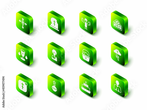Set Grave with tombstone, Angel, Stained glass, God's helping hand, Hands praying position, Basket easter eggs, Ark of noah and Christian cross icon. Vector